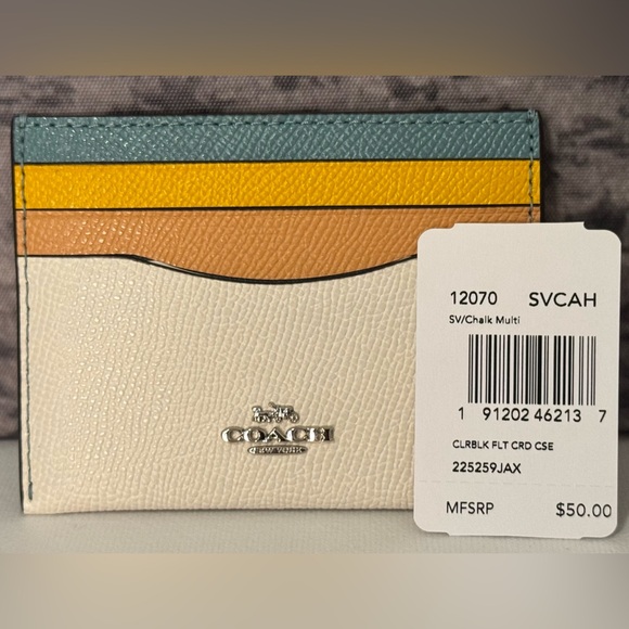 EUC Coach Colorblock Flat Card Case Crossgrain Leather Chalk Multi 12070 - Picture 2 of 3